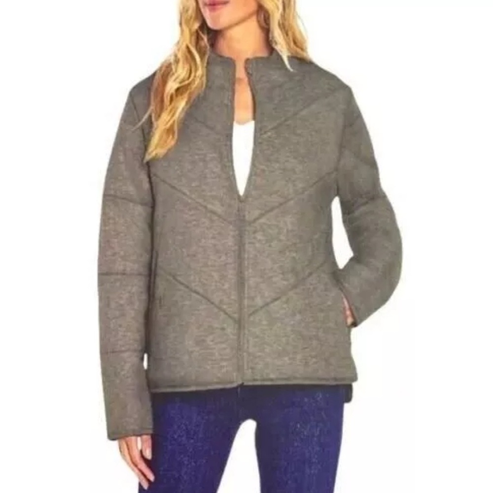Three Dots Quilted Step Hem Soft Fleece Relaxed Fit Knit Jacket Black Gray